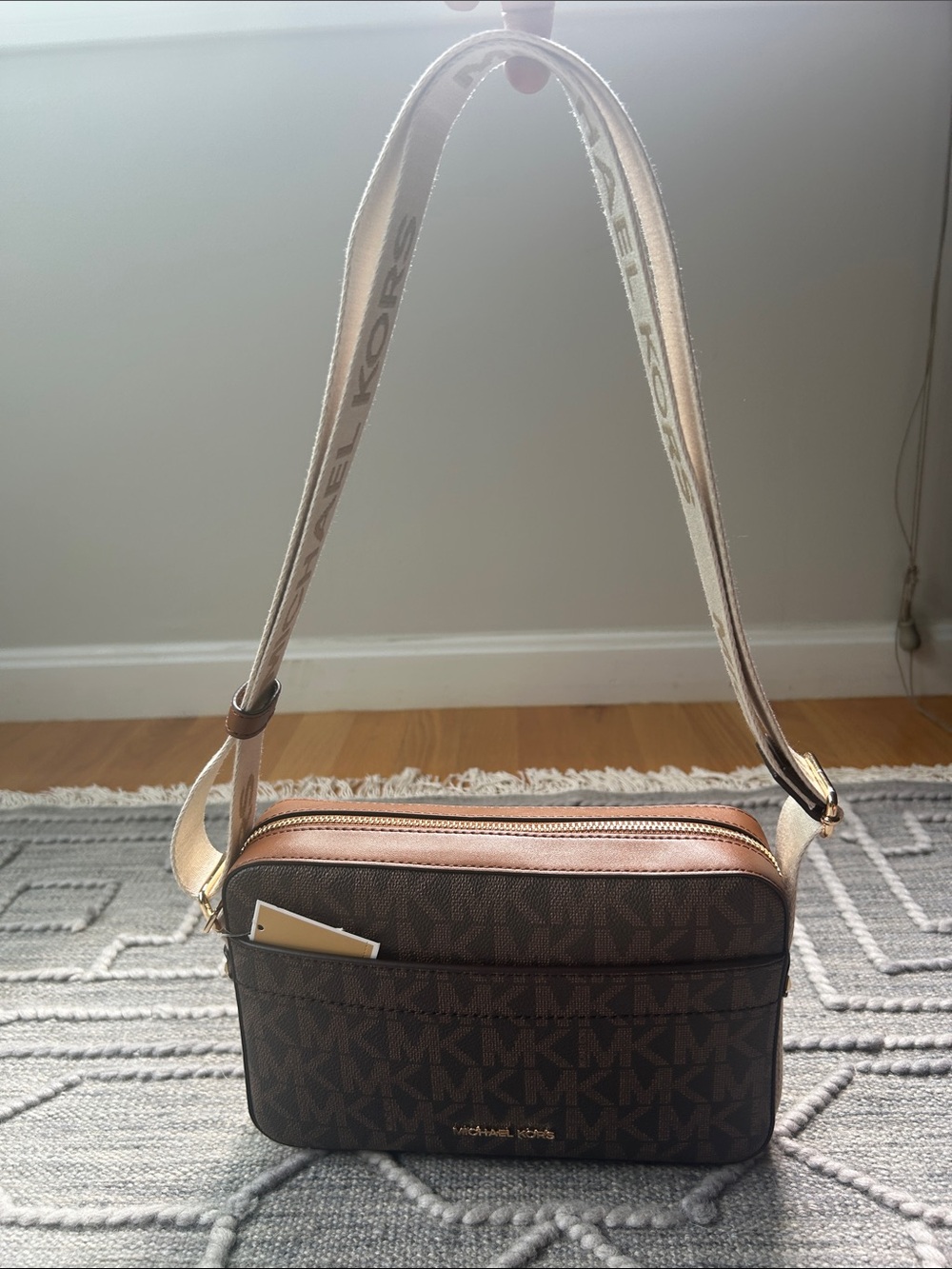 NWT Michael Kors Maeve Brown MK Logo Messenger Bag with Adjustable Cream Strap